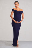 Kia Navy Twist Bardot Maternity Maxi Dress with Split