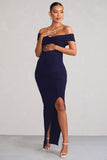 Kia Navy Twist Bardot Maternity Maxi Dress with Split