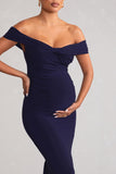 Kia Navy Twist Bardot Maternity Maxi Dress with Split