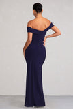 Kia Navy Twist Bardot Maternity Maxi Dress with Split