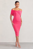Alyssa Hot Pink Bardot Bow Maternity Midi Dress with Ruching