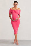 Alyssa Hot Pink Bardot Bow Maternity Midi Dress with Ruching