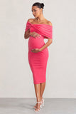 Alyssa Hot Pink Bardot Bow Maternity Midi Dress with Ruching