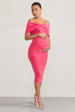 Alyssa Hot Pink Bardot Bow Maternity Midi Dress with Ruching