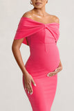 Alyssa Hot Pink Bardot Bow Maternity Midi Dress with Ruching