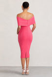 Alyssa Hot Pink Bardot Bow Maternity Midi Dress with Ruching