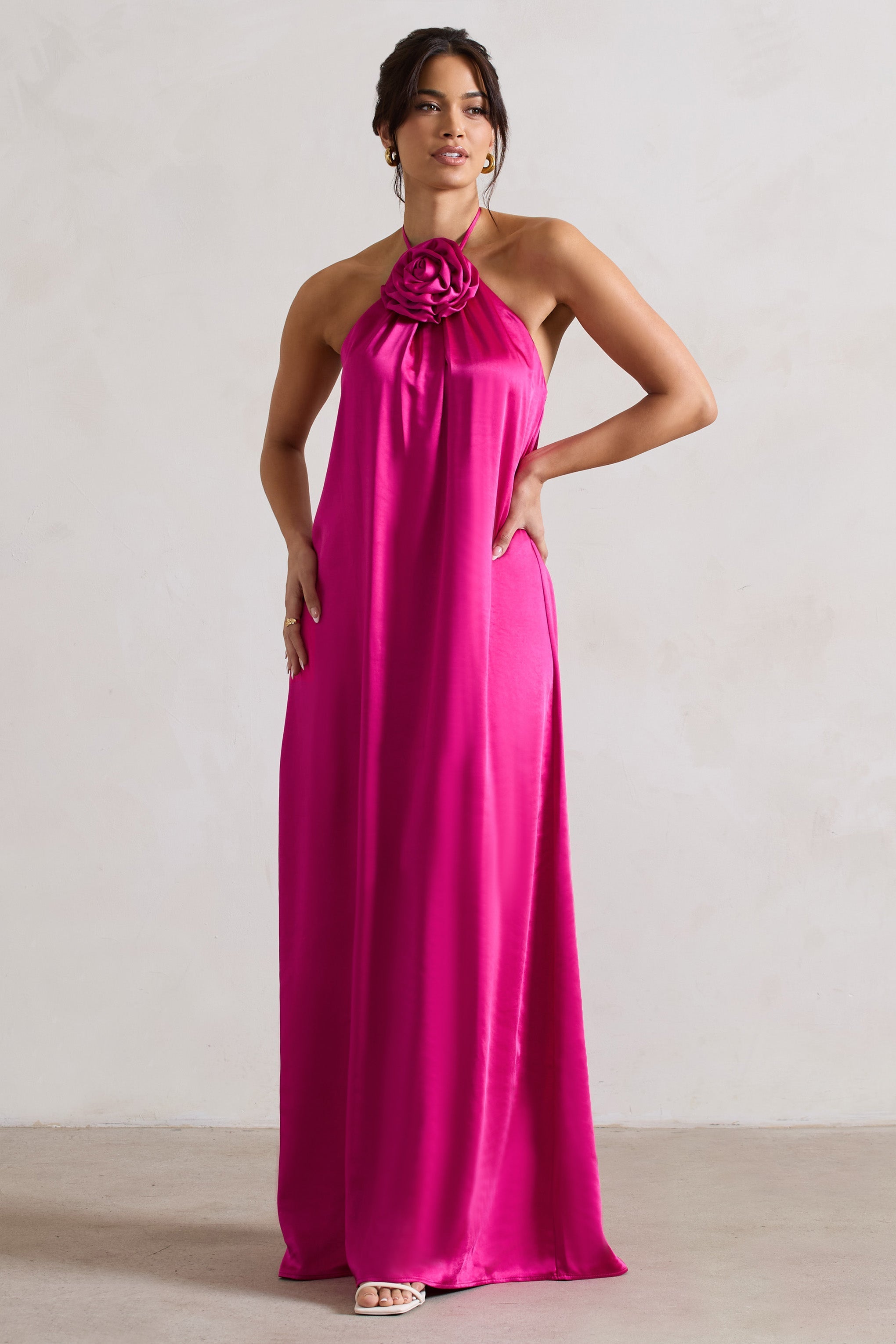 Everleigh Dark Pink Satin Relaxed Fit Maxi Column Dress With Corsage
