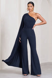 Aurora Navy One Shoulder Cape Sleeve Jumpsuit