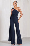 Aurora Navy One Shoulder Cape Sleeve Jumpsuit
