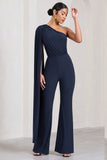 Aurora Navy One Shoulder Cape Sleeve Jumpsuit