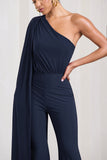 Aurora Navy One Shoulder Cape Sleeve Jumpsuit