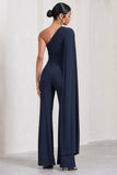 Aurora Navy One Shoulder Cape Sleeve Jumpsuit