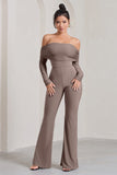 Whisper Mocha Ruched Mesh Bardot Jumpsuit