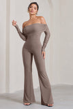 Whisper Mocha Ruched Mesh Bardot Jumpsuit