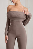 Whisper Mocha Ruched Mesh Bardot Jumpsuit