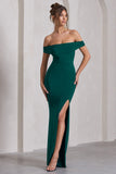 Law of Attraction Bottle Green Bardot Draped Split Maxi Dress