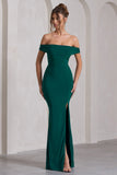 Law of Attraction Bottle Green Bardot Draped Split Maxi Dress