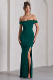 Law of Attraction Bottle Green Bardot Draped Split Maxi Dress