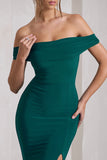 Law of Attraction Bottle Green Bardot Draped Split Maxi Dress