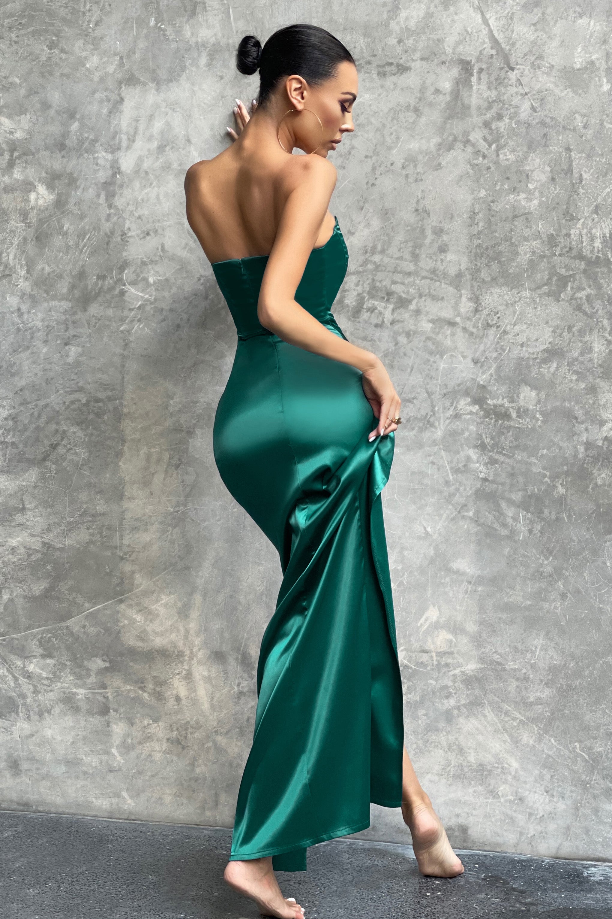 Romancing Teal Green Satin Bandeau Corset Detail Maxi Dress