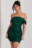 Light Up Green Sequin Bardot Mini Dress With Drape Detail