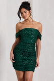 Light Up Green Sequin Bardot Mini Dress With Drape Detail