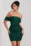 Light Up Green Sequin Bardot Mini Dress With Drape Detail