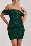 Light Up Green Sequin Bardot Mini Dress With Drape Detail
