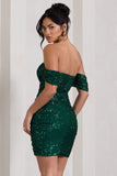 Light Up Green Sequin Bardot Mini Dress With Drape Detail
