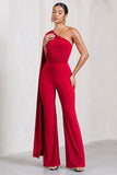 Aurora Red One Shoulder Cape Sleeve Jumpsuit