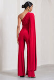 Aurora Red One Shoulder Cape Sleeve Jumpsuit