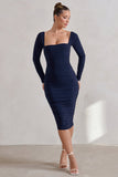 Seductress Navy Long Sleeve Square Neck Ruched Midi Dress