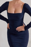 Seductress Navy Long Sleeve Square Neck Ruched Midi Dress