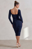 Seductress Navy Long Sleeve Square Neck Ruched Midi Dress