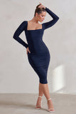 Seductress Navy Long Sleeve Square Neck Ruched Midi Dress