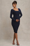 New Life Navy Maternity Square Neck Ruched Midi Dress