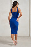 Lisbon Cobalt Blue Square Neck Ruched Midi Dress