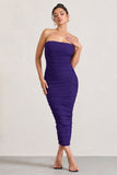 My Lady Purple Strapless Bodycon Ruched Mesh Maxi Dress