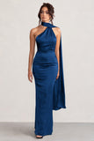 Mademoiselle Navy Asymmetric Scarf Neck Backless Maxi Dress