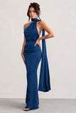 Mademoiselle Navy Asymmetric Scarf Neck Backless Maxi Dress
