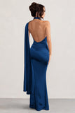 Mademoiselle Navy Asymmetric Scarf Neck Backless Maxi Dress