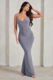 Corinne Grey Asymmetric Cowl Neck Backless Maxi Dress