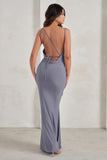 Corinne Grey Asymmetric Cowl Neck Backless Maxi Dress