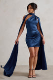Laurelie Navy Satin Statement Cape Design Mini Dress