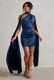 Laurelie Navy Satin Statement Cape Design Mini Dress
