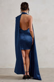 Laurelie Navy Satin Statement Cape Design Mini Dress