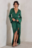 Patricia Green Extreme Plunge Long Sleeve Maxi Dress With Tie Detail