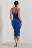 Chrissy Cobalt Blue Maternity Halterneck Ruched Midi Dress
