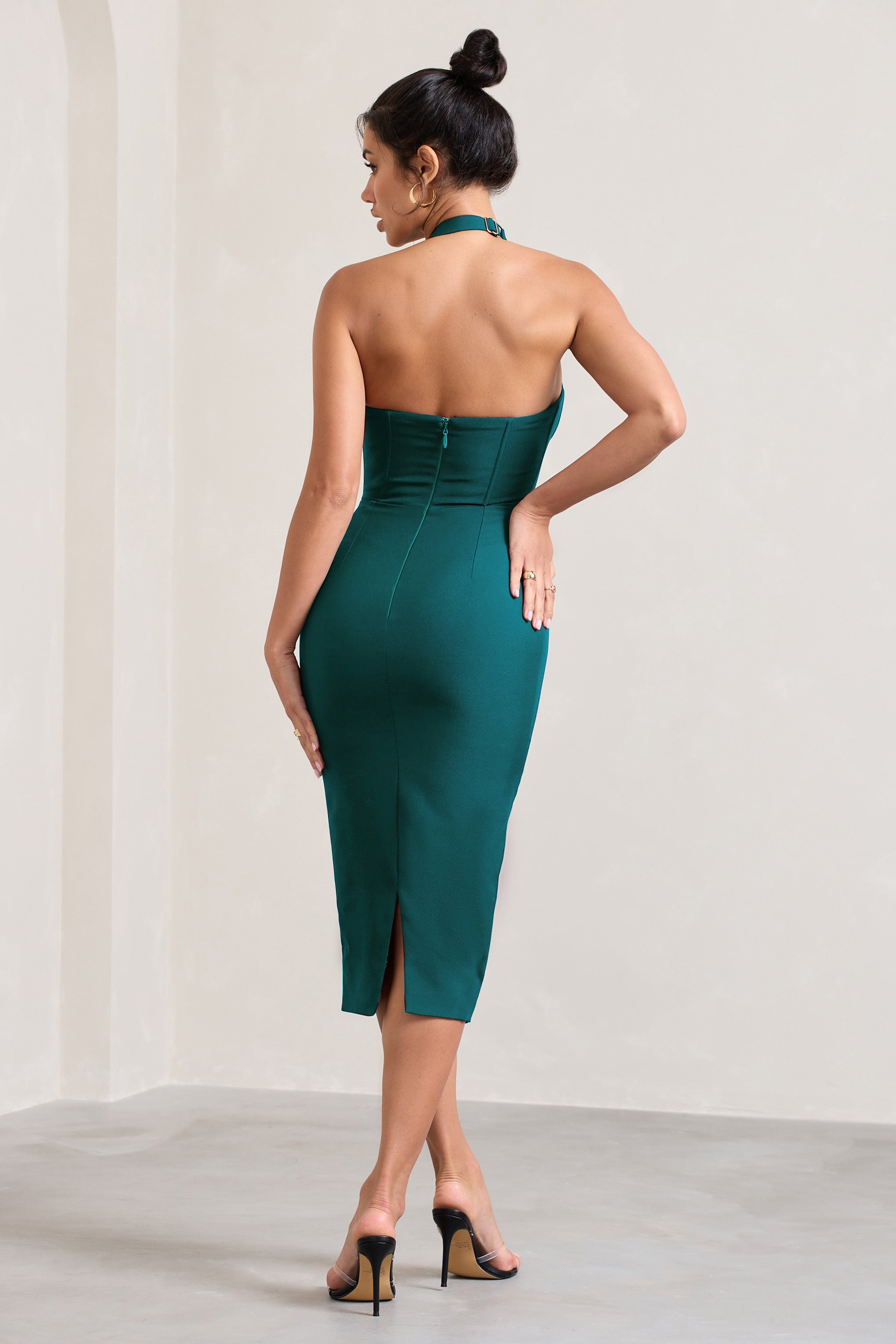 Supermodel Bottle Green Halter-Neck Corset Midi Dress