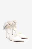Flashing Lights Ivory Satin Pointed Court Heels With Diamante Bows